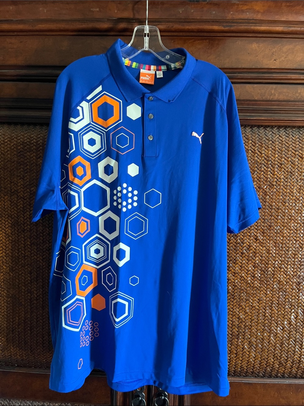 Puma Royal Blue Polo with Orange & White Hexagon Print
